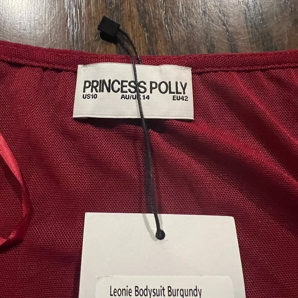 Princess Polly Leonie Mesh Bodysuit Burgundy Sz US 10Sheer Underwire Long Sleeve - Picture 9 of 13